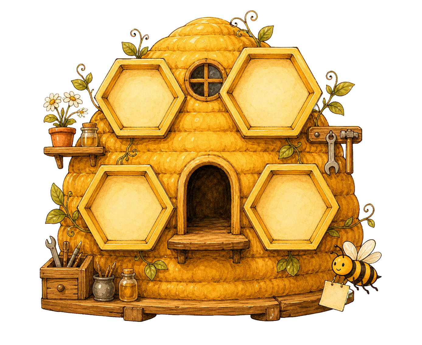 Illustrated storybook beehive with blank honeycomb project cells, workshop details, and a small bee courier.